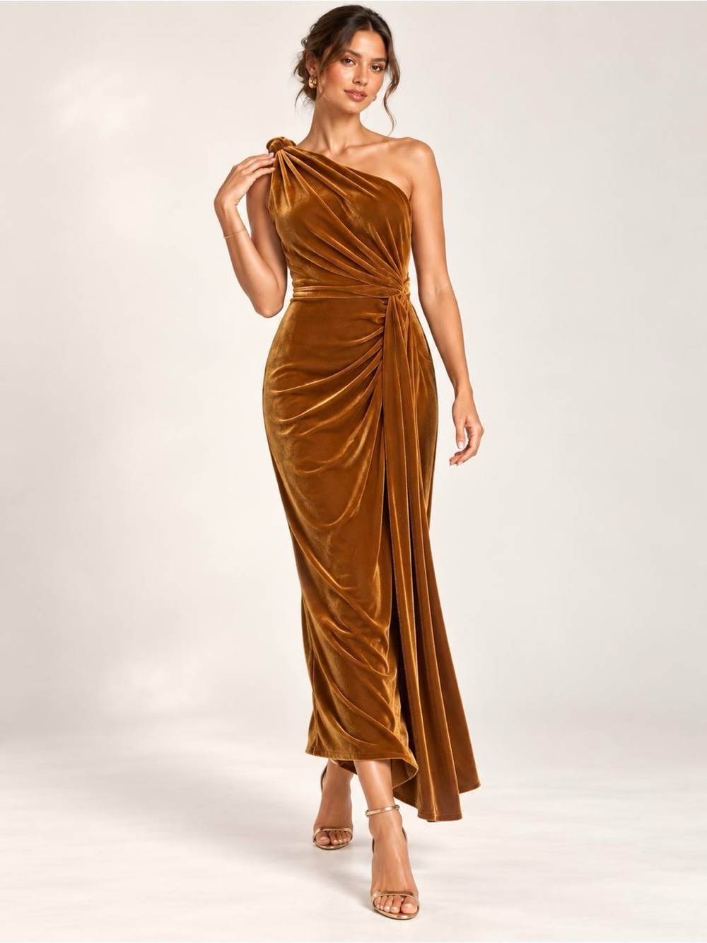 Muse by Marchesa Ayla Velvet Wrap Dress Women's Mustard One Shoulder Size 6
